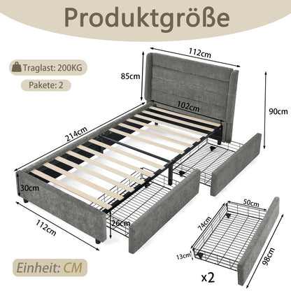 Einzelbett 90×200 cm mit Chenille-Oberfläche & 2 Schubladen, stabiles Bettgestell aus Holz/Metall, ideal für Kinder-, Jugend- & Gästezimmer, Gray (ohne Matratze)