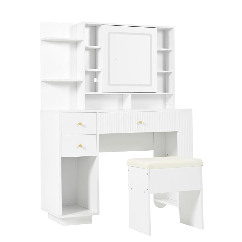Beleuchteter Schminktisch mit Spiegel & Hocker – Moderner Frisiertisch mit Einstellbarer Helligkeit, Schubladen & Offener Ablage, Weiß, 100×40×138 cm