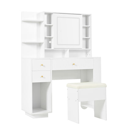 Beleuchteter Schminktisch mit Spiegel & Hocker – Moderner Frisiertisch mit Einstellbarer Helligkeit, Schubladen & Offener Ablage, Weiß, 100×40×138 cm