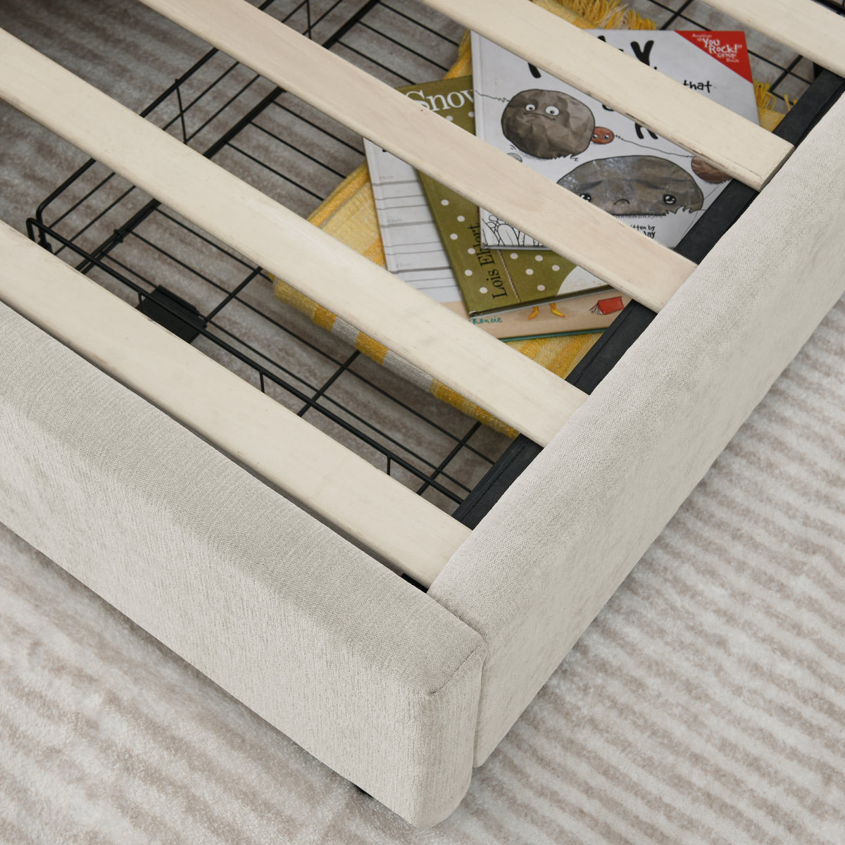 Einzelbett 90×200 cm mit Chenille-Oberfläche & 2 Schubladen, stabiles Bettgestell aus Holz/Metall, ideal für Kinder-, Jugend- & Gästezimmer, Beige (ohne Matratze)