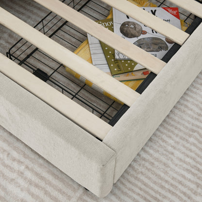 Einzelbett 90×200 cm mit Chenille-Oberfläche & 2 Schubladen, stabiles Bettgestell aus Holz/Metall, ideal für Kinder-, Jugend- & Gästezimmer, Beige (ohne Matratze)
