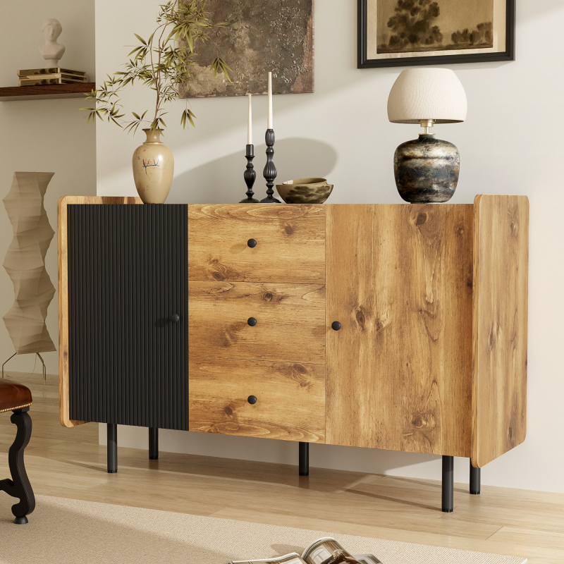 120 cm Schwarzer und Holzfarbener Sideboard - Moderner Stil, Zwei Türen und Drei Schubladen