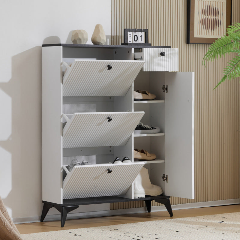 Schuhschrank mit 3 Klappen, 1 Schublade und 1 Tür, Schuhregal, Schuhkipper schmal, Schuhschrank weiß