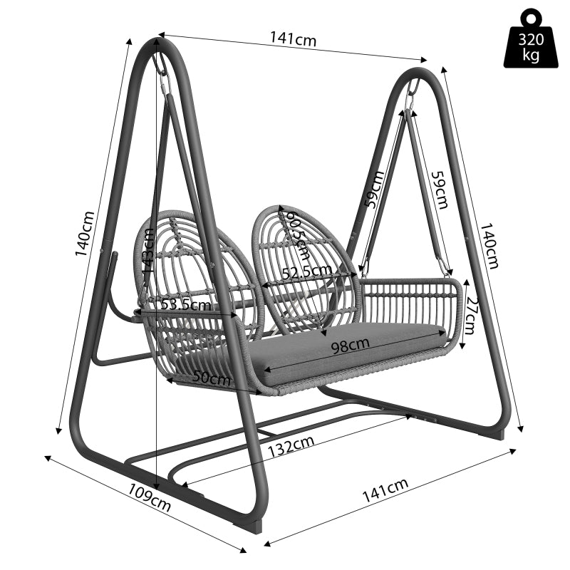 Gartenschaukel, Hollywoodschaukel mit Rückenlehne, Gartenmöbel-Set für den Außenbereich,Doppelschaukel aus PE-Rattan, 2 Sitze, Dunkelgrauer Sitzrahmen und Kissen