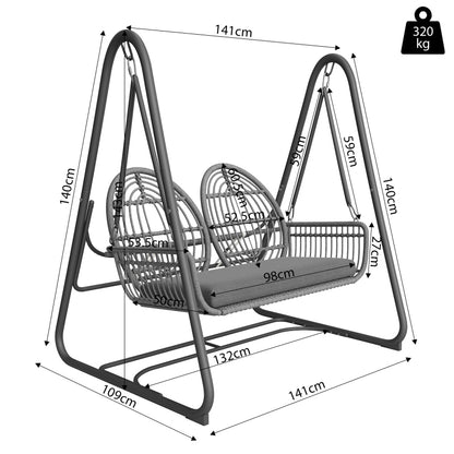 Gartenschaukel, Hollywoodschaukel mit Rückenlehne, Gartenmöbel-Set für den Außenbereich,Doppelschaukel aus PE-Rattan, 2 Sitze, Dunkelgrauer Sitzrahmen und Kissen