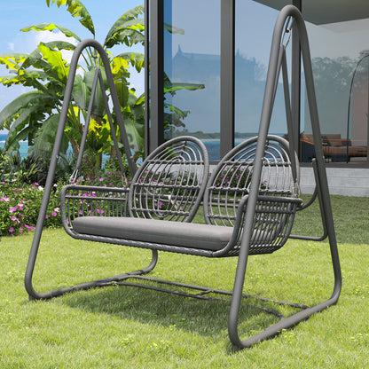 Gartenschaukel, Hollywoodschaukel mit Rückenlehne, Gartenmöbel-Set für den Außenbereich,Doppelschaukel aus PE-Rattan, 2 Sitze, Dunkelgrauer Sitzrahmen und Kissen