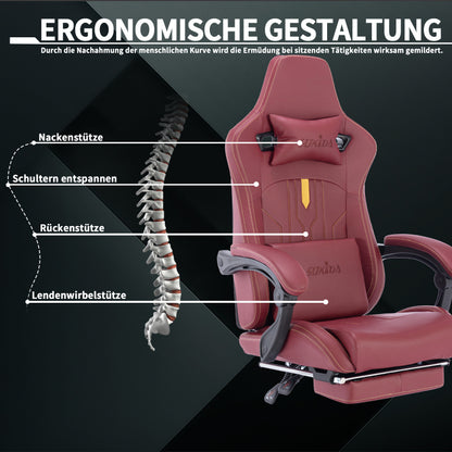 Gaming Stuhl Computerstuhl Ergonomischer Gaming Chair mit Fußstütze Bürostuhl Ergonomischer Computerstuhl mit Lendenwirbelstütze Rot