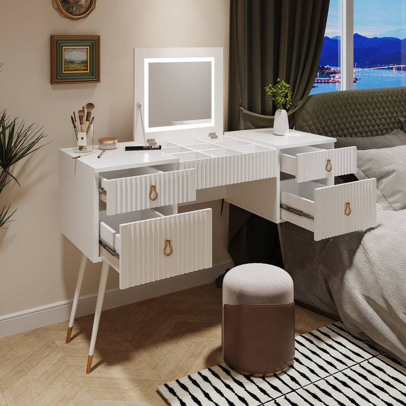 Weißer Schminktisch(Ohne Stühle), Enthält LED-Spiegel mit einstellbarer Helligkeit, luxuriösem vergoldetem Zubehör und mehreren Stauräumen, mit 4 Schubladen, Schreibtisch univer, Weiß