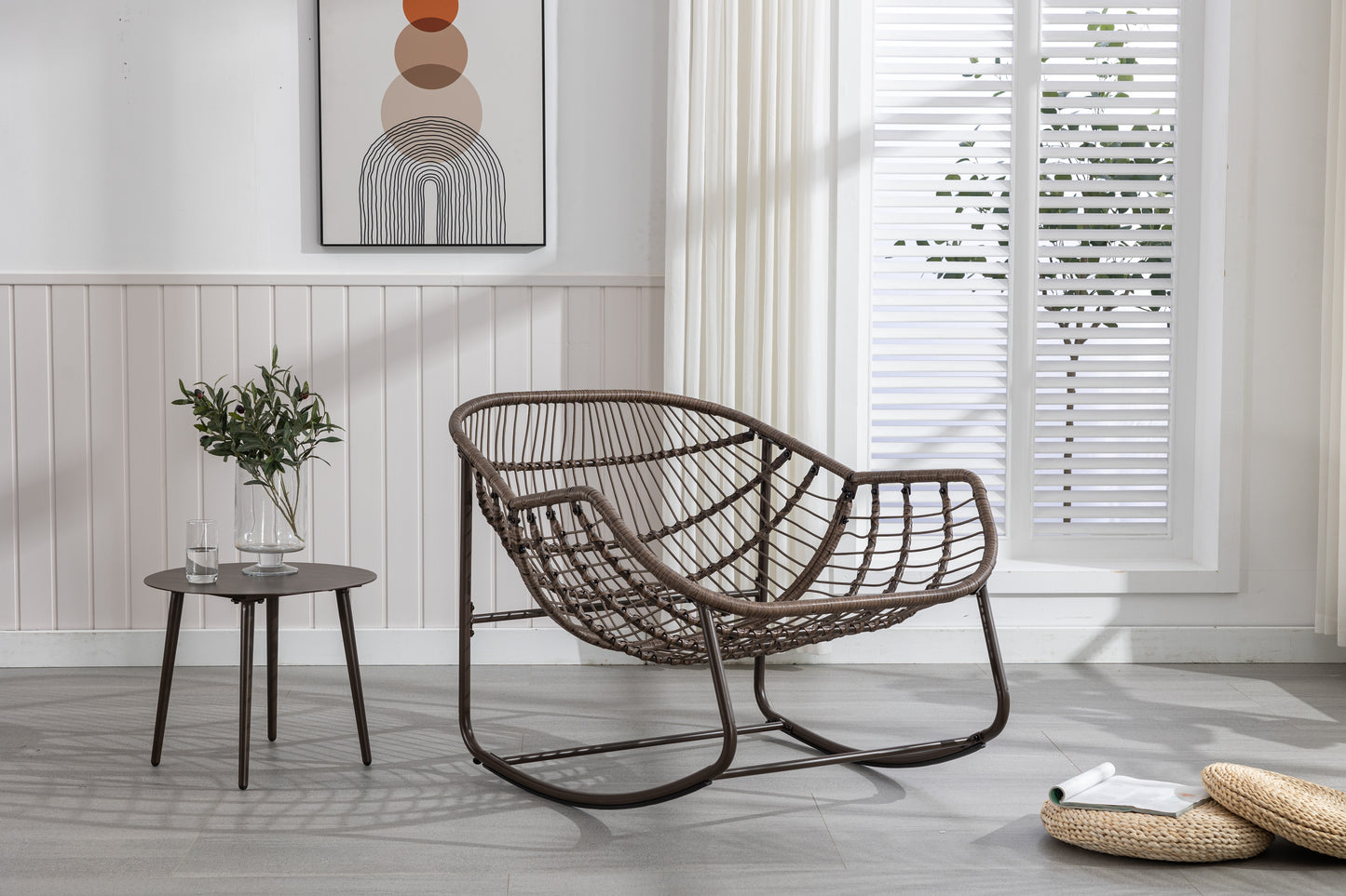 Outdoor Rattan Rocking Chair,Padded Cushion Rocker Recliner Chair Outdoor for Front Porch, Living Room, Patio, Garden, White