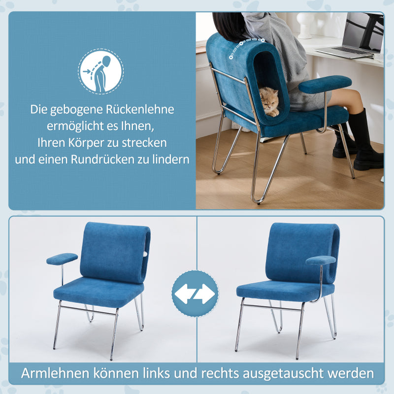 Bürostuhl mit integriertem Katzenbett - Haustierfreundlicher Stuhl, kratzfestes Material,schbreite Sitzfläche, austauschbare Armlehnen, menenfreundliches Design, Katzenbett in der Rückenlehne, Blue