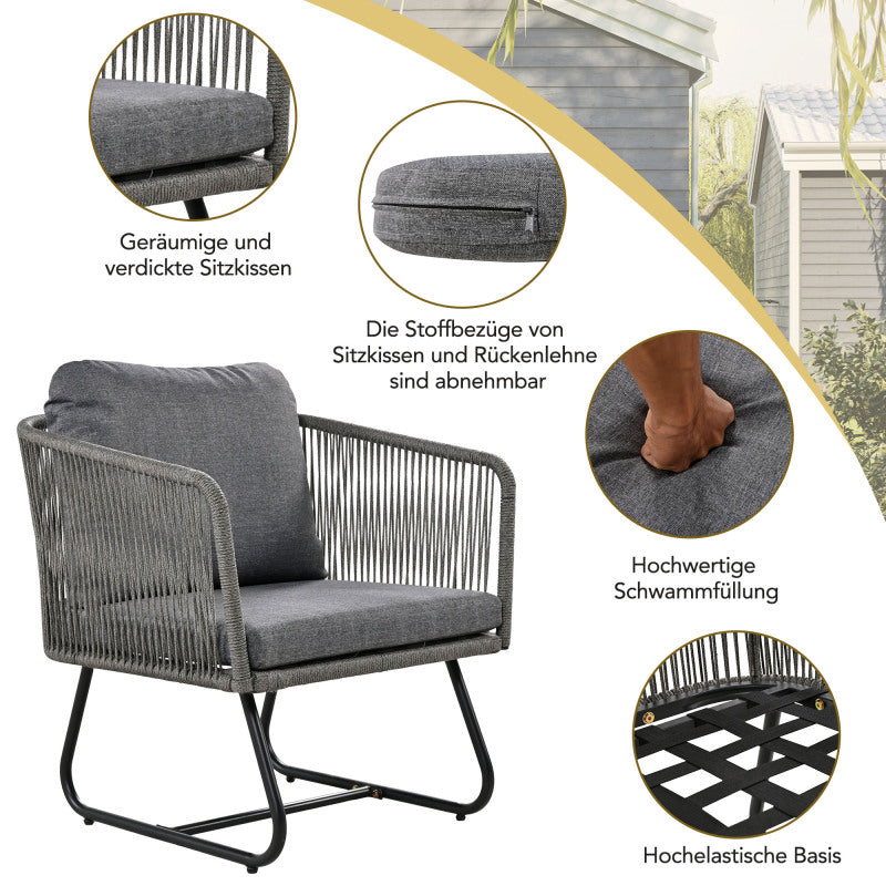Garten-Lounge-Set mit Rahmen aus verzinktem Eisen, Gartenmöbel-Set aus Seil, graues Seil, verstellbare Füße, Tischplatte aus glattem Glas, 5er-Set, inklusive aller Sitz- und Rückenkissen