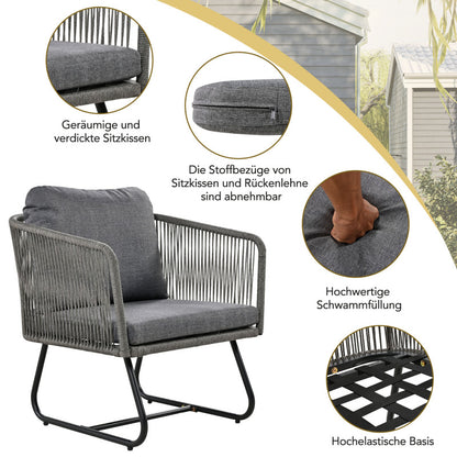 Garten-Lounge-Set mit Rahmen aus verzinktem Eisen, Gartenmöbel-Set aus Seil, graues Seil, verstellbare Füße, Tischplatte aus glattem Glas, 5er-Set, inklusive aller Sitz- und Rückenkissen