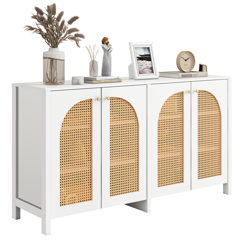 Modernes Sideboard im minimalistischen Stil 4-Rattantür, Metallgriff einfaches Buffetschrank für Esszimmer, Wohnzimmer, Küche (weiß)