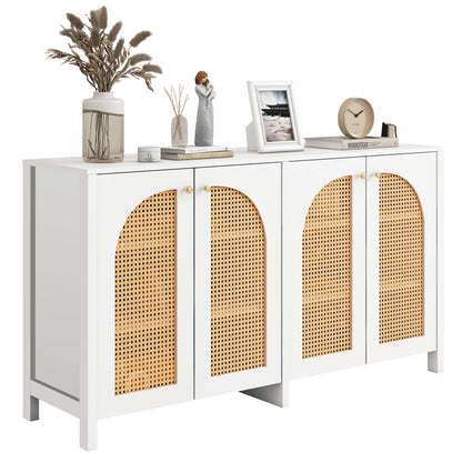 Modernes Sideboard im minimalistischen Stil 4-Rattantür, Metallgriff einfaches Buffetschrank für Esszimmer, Wohnzimmer, Küche (weiß)