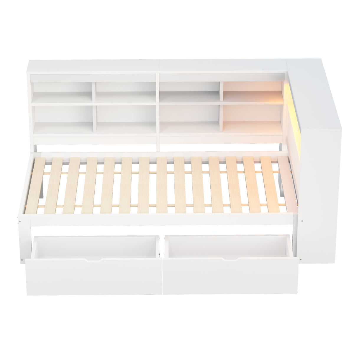 Massivholz-Einzelbett 90x200 Weiß mit LED & USB-Steckdose - Multifunktionales Schlafsofa mit Regalen, Ablagefächern & viel Stauraum, Weiß