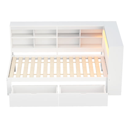 Massivholz-Einzelbett 90x200 Weiß mit LED & USB-Steckdose - Multifunktionales Schlafsofa mit Regalen, Ablagefächern & viel Stauraum, Weiß
