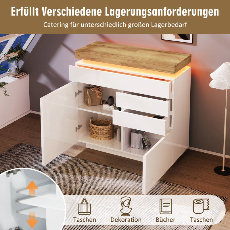 Kommode, Hochglanz Sideboard mit 2 Türen und 3 Schubladen, LED Beleuchtung (App Control), Mehrzweckschrank für Wohnzimmer und Schlafzimmer, 115 x 110 x 39 cm, Weiß