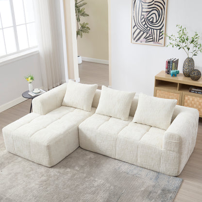 Modernes Sektionssofa, L-Sofa, 3-Sitzer-Sofa, keine Installation erforderlich, Chenille-Sofa mit Chaiselongue und Armlehnen, 3 Kissen, Seitentasche für Fernbedienung, Beige