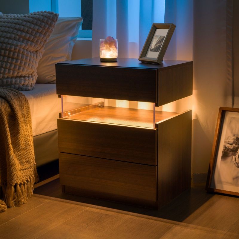 LED Nightstands 3 Drawer Dresser for Bedroom End Table with Acrylic Board LED Bedside Tables for Bedroom Living Room Bedside Furniture (White Stone)