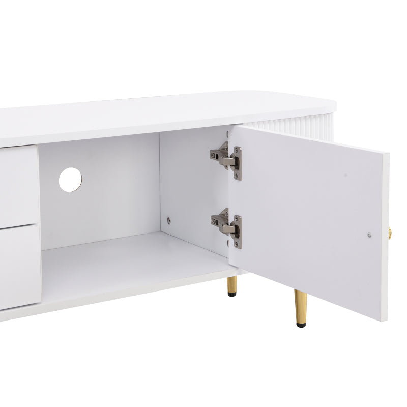 TV-Schrank mit Schubladen, geschwungenen Ecken, Wohnzimmer-TV-Schrank mit gewellten Seiten, goldenen Griffen und Beinen
