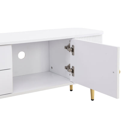 TV-Schrank mit Schubladen, geschwungenen Ecken, Wohnzimmer-TV-Schrank mit gewellten Seiten, goldenen Griffen und Beinen