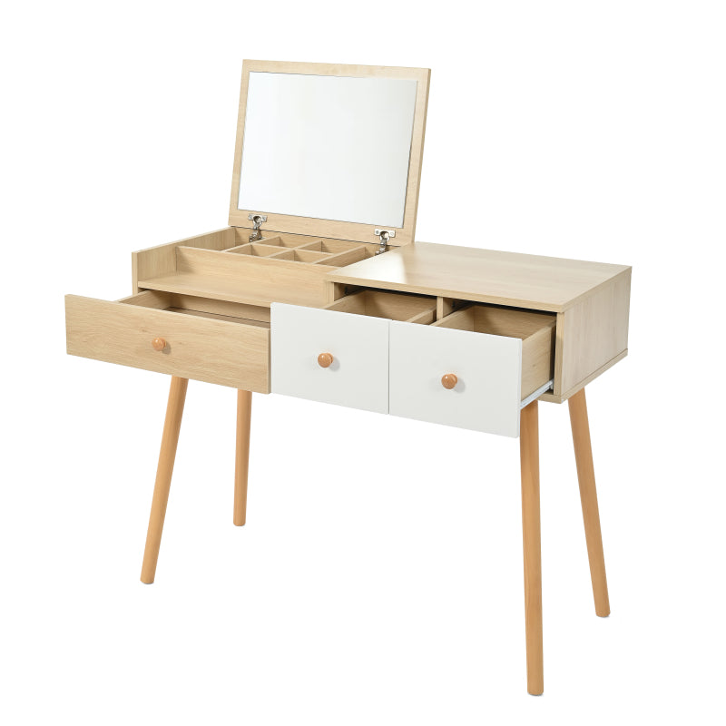 Schminktisch, Kosmetiktisch Mit Spiegel, Schminktisch aus Holz Mit Schubladen, geteilter Stauraum, große Lagerkapazität - Maße:B100/H78/T40 cm(ohne Hocker)(OLD SKU: WF319875AAW)