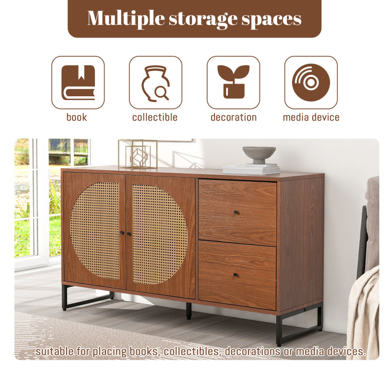 Sideboard mit 2 Rattan verzierten Türen und 2 Schubladen Kommode Küchenschrank, Mehrzweckschrank, Highboard mit Metallgriffe, für Schlafzimmer & Wohnräume & Büro