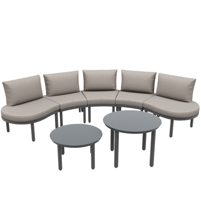 Gartenmöbel-Set (10 Sitzplätze), 4 Couchtische aus gehärtetem Glas, verzinkter Eisenrahmen, bequeme Gartenmöbel mit grauen Sitzpolstern und Kissen, verstellbare Beine, elegantes rundes Sofa