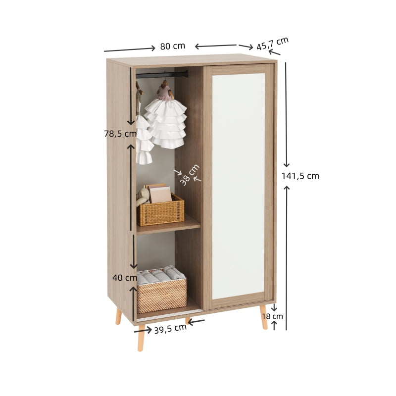 Kinder Kleiderschrank, Schiebetürenschrank mit Kleiderstange, Spanplatten Material, Vollholz-Standfüße, weiß+natürliches Holz