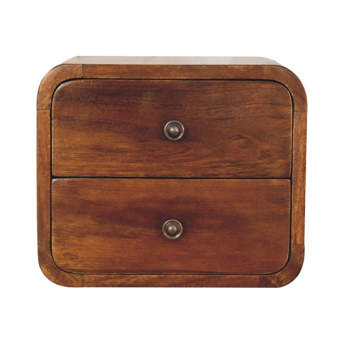 Schwebender Mini-Nachttisch aus Massivholz – Kastanienbraun, 2 Schubladen, Handgefertigt, Wandmontage, Nachhaltiges Design, 30x25x25 cm