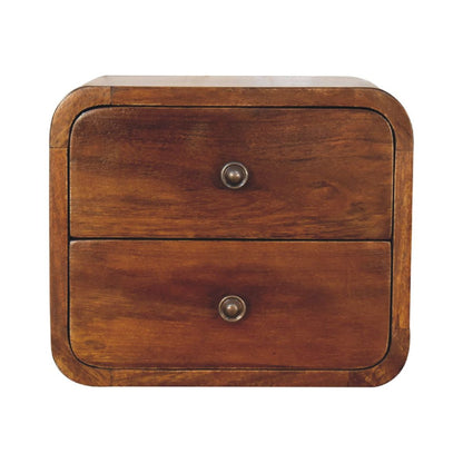 Schwebender Mini-Nachttisch aus Massivholz – Kastanienbraun, 2 Schubladen, Handgefertigt, Wandmontage, Nachhaltiges Design, 30x25x25 cm