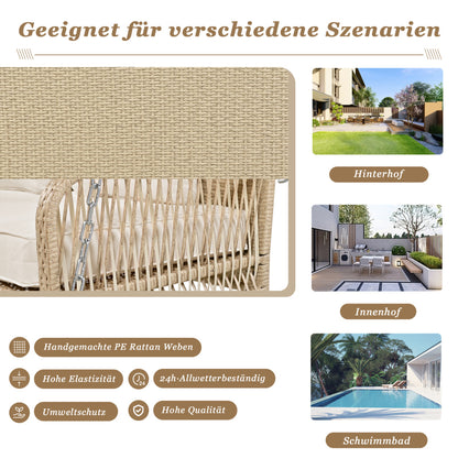 Hollywoodschaukel, Gartenschaukel, Gartenmöbel-Set für den Außenbereich, Beiges Rattan, beiges Sitzkissen, 2 Sitze, mit Sitzkissen und Rückenkissen, abnehmbar und waschbar