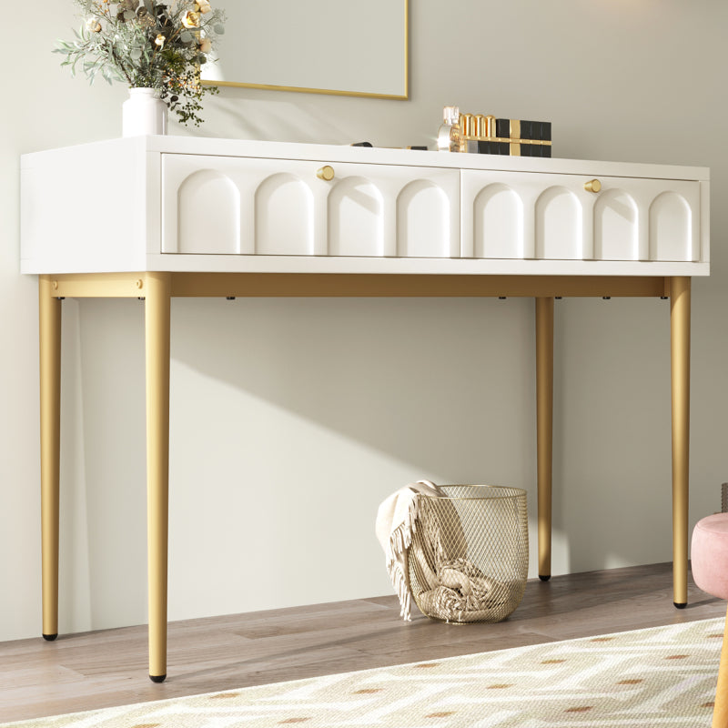Schminktisch mit 2 Schubladen 76.5cm Höhe ,Kommode Schlafzimmer Highboard Weiss Sideboard Schubladenkommode Kommode für Schlafzimmer, Creme-Weiß -H76.5/B100/T45 cm