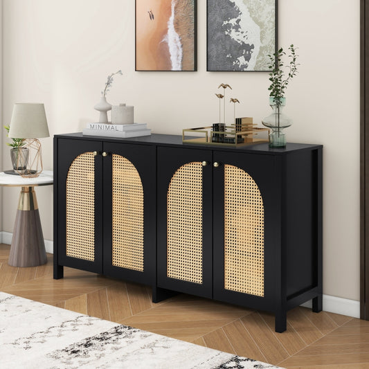 Modernes Sideboard im minimalistischen Stil 4-Rattantür, Metallgriff einfaches Buffetschrank für Esszimmer, Wohnzimmer, Küche (Schwarz)