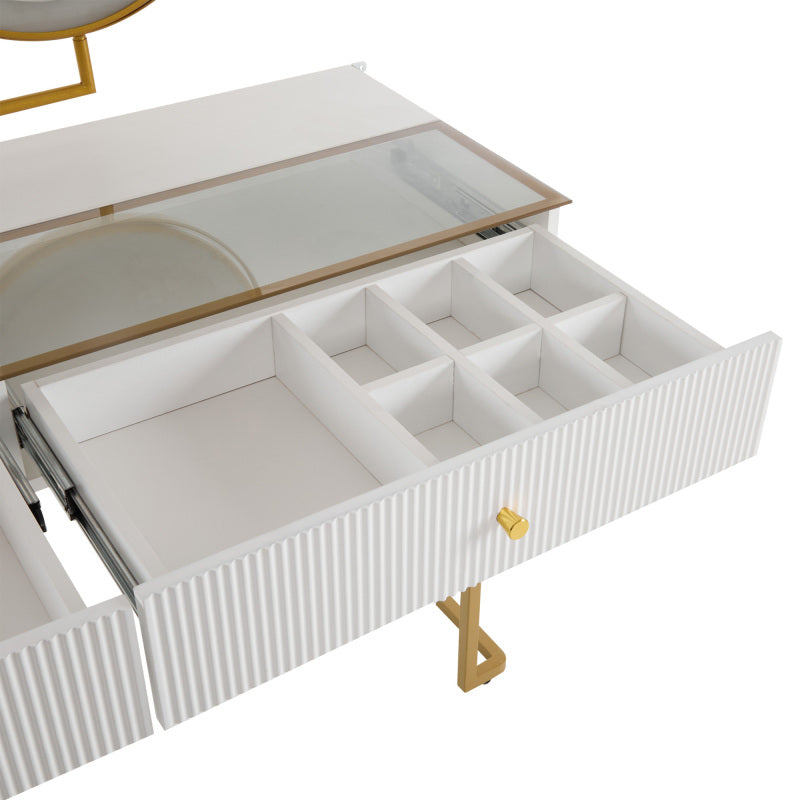 Schminktisch-Set mit LED-beleuchtetem Spiegel, transparenter Tischplatte aus gehärtetem Glas, Schminktisch-Seite und Schrank, elegante Möbel, weiß, Maße: 120 x 45 x 115 cm(ohne Hocker)