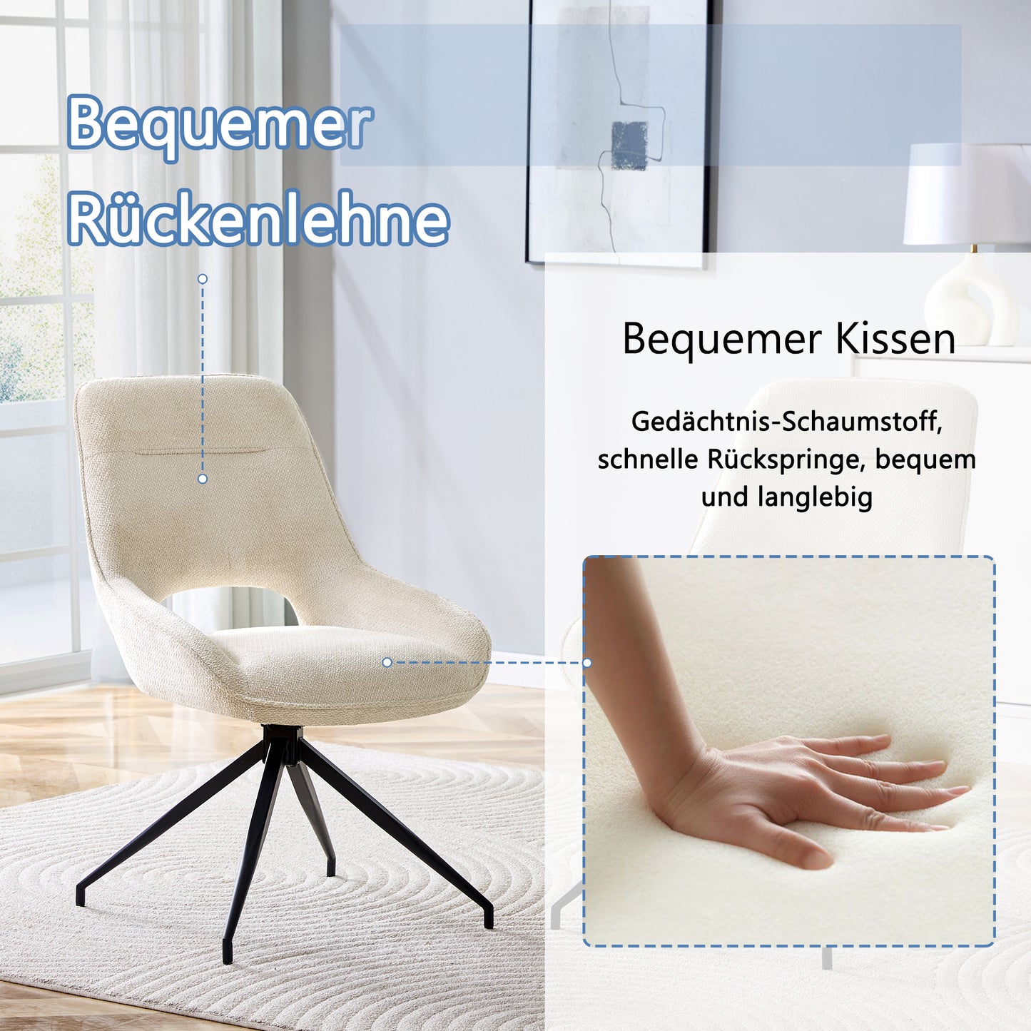2er-Set Esszimmerstühle Weiß Stoff 360 Grad Drehbar Schwarz Lackiertes Metallgestell Atmungsaktiver Strukturstoff Moderne Polsterstühle