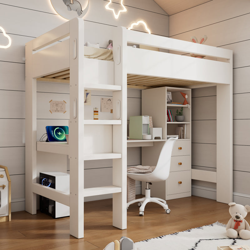 Kinderbett Hochbett mit L-förmigem Schreibtisch, Regalen und Schubladen mit USB/Type-C Ladebereich, Jugend-Einzelbett mit Leiter und Holzlattenrost, 90×200cm, Weiß, ohne Matratze.