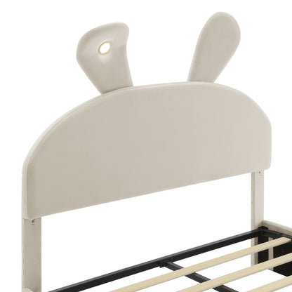 Polsterbett, Doppelbett, hydraulisches Bett, Hasenohren mit einstellbarer Helligkeit warmfarbenen Lichtstreifen, Stauraum unter dem Bett, zwei Aufbewahrungshockern, Samt, Beige, 140x200cm