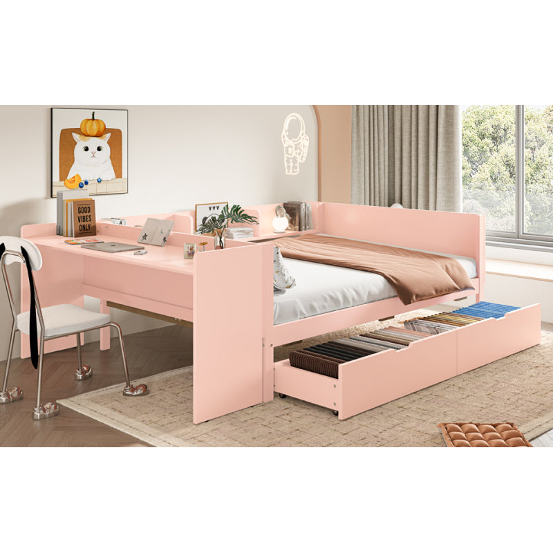 Flachbett, Holzbett, 140x200cm, mit Schreibtisch, ausgestattet mit 2 Schubladen, Doppelbett(Ohne Matratze), mit Regalen, Kiefer + Spanplatte, Rosa
