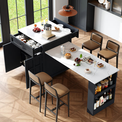 Bartisch ausziehbar 133-202cm, Kücheninsel mit Marmor-Optik & Stauraum, Esstisch für 2-6 Personen, Küchenwagen mit Schubladen & Regalen, Schwarz