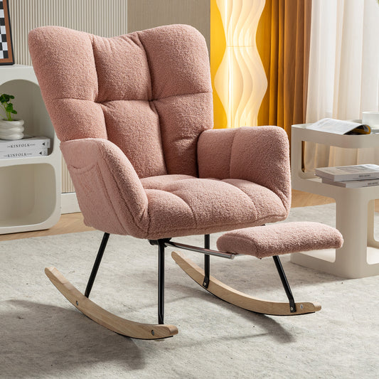 Neuer moderner Schaukelstuhl mit Polsterung und Teddystoff, mit ausziehbarer Fußstütze, Rosa