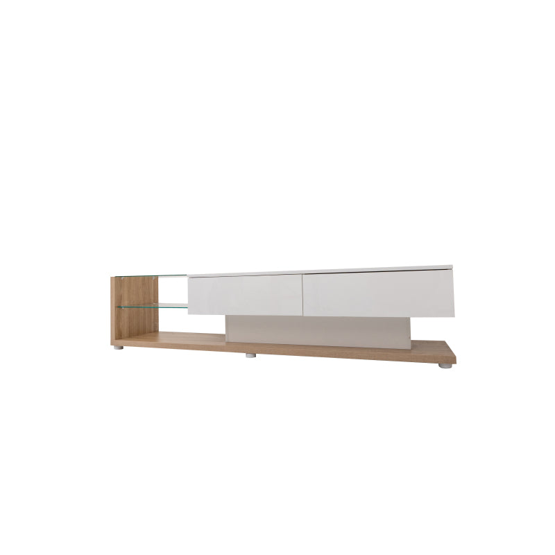 TV-Schränke, Lowboards, Kombination aus Hochglanzweiß und Holzfarben. Glastrennwände und variable LED-Beleuchtung. Es kombiniert natürlichen Landhausstil mit modernem Design.