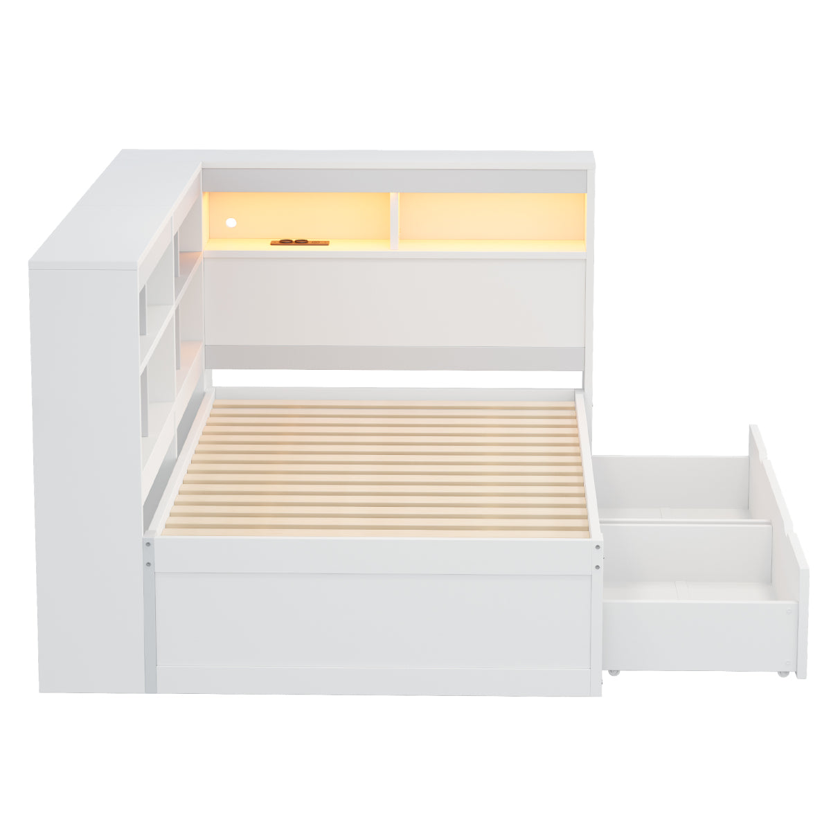 Massivholz-Einzelbett 90x200 Weiß mit LED & USB-Steckdose - Multifunktionales Schlafsofa mit Regalen, Ablagefächern & viel Stauraum, Weiß