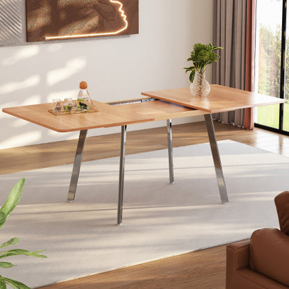 Moderner minimalistischer ausziehbare Esstisch in eleganter Naturfarbe und silber verschromt Beine– 140 cm x 80 cm ausziehar bis 180cm, hochfeste Legierungsstütze, geeignet für 4-6 Personen