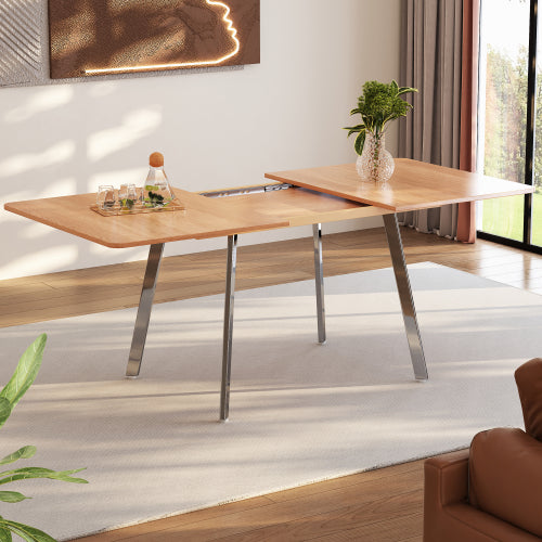 Moderner minimalistischer ausziehbare Esstisch in eleganter Naturfarbe und silber verschromt Beine– 140 cm x 80 cm ausziehar bis 180cm, hochfeste Legierungsstütze, geeignet für 4-6 Personen