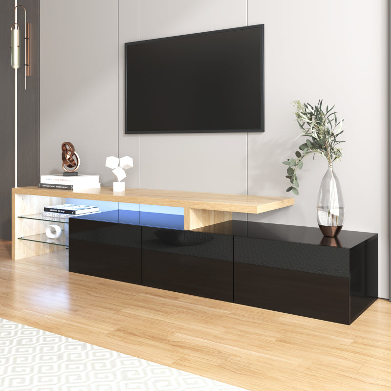 Modernes TV-Schrank-Design: Stilvolle Eleganz, praktischer Stauraum, Hochglänzendes Schwarz, Holzoptik, Glasböden, LED-Beleuchtung