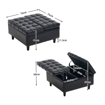 Großer quadratischer Aufbewahrungsstuhl, anhebbare Bank mit Stauraum, geeignet für Wohnzimmer Schlafzimmer Arbeitszimmer gepolsterte Aufbewahrungsbox(Black PU)