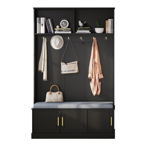 Garderobenständer mit  Schuhbank, Garderobe,  6 Dreifach-Haken,freistehend, platzsparend, für Eingangsbereich,Flur, Schwarz