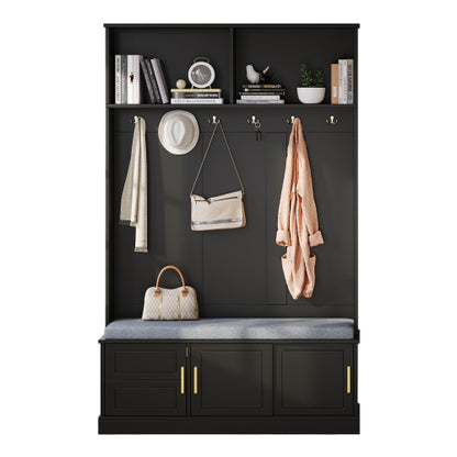 Garderobenständer mit  Schuhbank, Garderobe,  6 Dreifach-Haken,freistehend, platzsparend, für Eingangsbereich,Flur, Schwarz