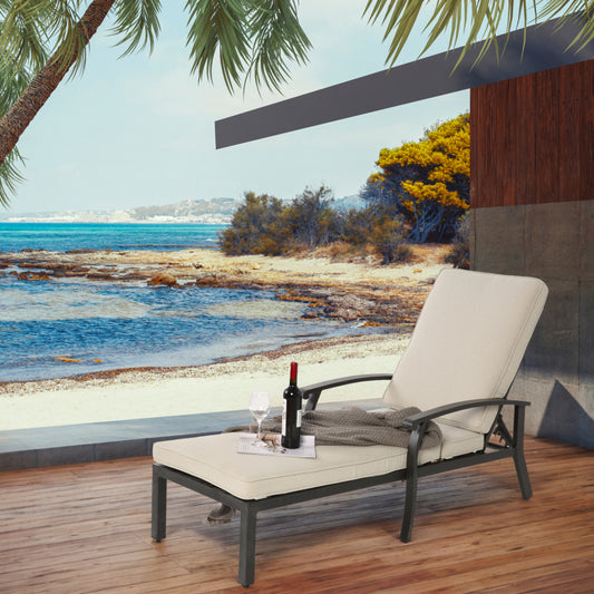 Lounge Patio Chair with Cotton Cushion, Adjustable Reclining Rust-Resistant Aluminum  Poolside Chaise Lounge Furniture, Waterproof Beige Cushion (1pc)